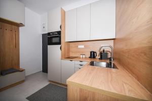 een keuken met een wastafel en een aanrecht bij City Center Studio - Comfy & Modern in Bratislava