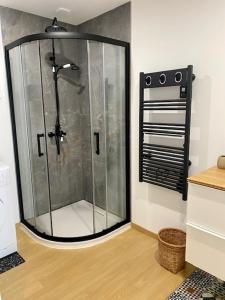 y baño con ducha y puerta de cristal. en Les Hauteurs du Trieux, en Quemper-Guézennec