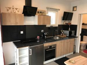 une cuisine avec un évier et un plan de travail dans l'établissement Studio Détente à 10mn de la Gare et Aéroport St Exupéry, à Colombier-Saugnieu