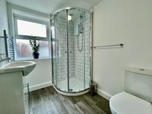a bathroom with a shower and a toilet and a sink at Flat 1 High Street Apartments, One Bed in Wellington