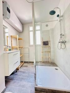 uma casa de banho com um chuveiro, um lavatório e uma banheira em L'escale Laonnoise em Laon