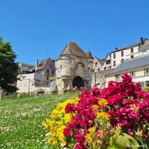 un ramo de flores frente a un edificio viejo en L'escale Laonnoise, en Laon