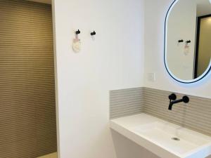 a bathroom with a sink and a mirror at Le Cattleya, studio cosy à Rennes in Rennes