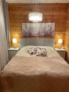um quarto com uma cama com duas almofadas em Cityvilla on the shore of Lake Haapajärvi em Joensuu