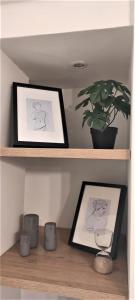 een plank met twee foto's en een potplant bij Spacious 2bdr apartment @ Pagrati in Athene