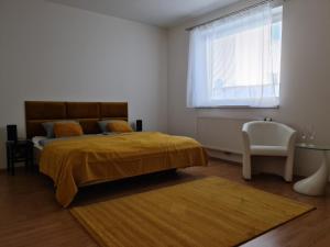een slaapkamer met een bed, een stoel en een raam bij City Centre Apartments in Liberec