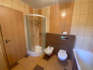 ヘーヴィーズにあるFecske 17のバスルーム(シャワー、トイレ、シンク付)
