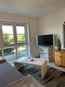 een woonkamer met een tv en een salontafel bij An den Weinbergen in Güntersleben