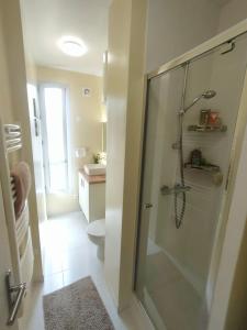 a bathroom with a shower with a glass door at Bel appartement Paris Ouest sur cour proche métro in Boulogne-Billancourt +5 photos