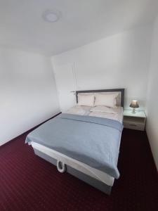 - une chambre avec un grand lit et une couverture bleue dans l'établissement AQUA VET Velika Kladuša, à Velika Kladuša