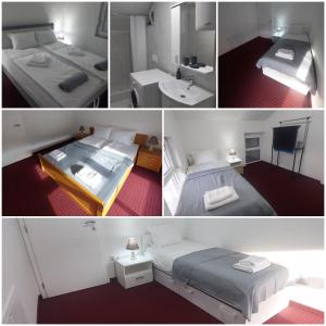 un collage de quatre photos d'une chambre avec deux lits dans l'établissement AQUA VET Velika Kladuša, à Velika Kladuša