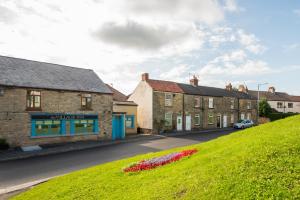 a row of buildings on a street with flowers at Richardson Place in Kirk Merrington