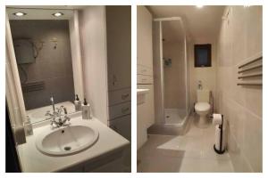 two pictures of a bathroom with a sink and a toilet at Charmant chalet op een bospark op de Veluwe in Putten