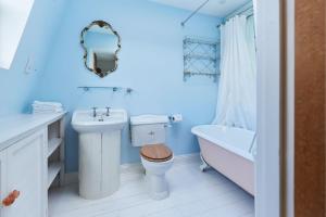 uma casa de banho com paredes azuis e um WC e um lavatório. em The Hampstead Wonder - Spacious 4BDR House with Balcony em Londres