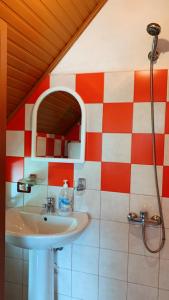 a bathroom with a sink and a shower at Bujtina Kometa in Theth