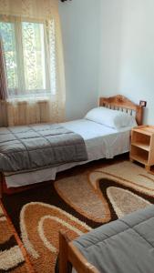 two beds in a room with a rug at Bujtina Kometa in Theth