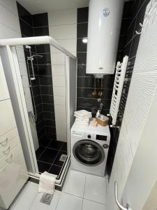 a small bathroom with a washing machine and a sink at Apartman MIA Centar in Kruševac +46 photos