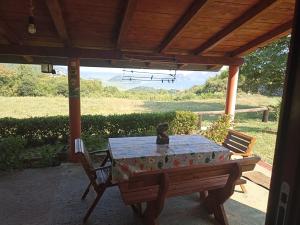 a picnic table under a pavilion with a view of a field at Soba in Čukovići +13 photos