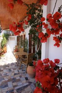 un patio con flores rojas, mesa y sillas en Eleni Goumenaki Plakias Studios, en Plakias