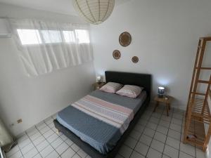 um quarto com uma cama, uma janela e uma escada em Appartement F3 avec acces plage à Montjoly em Montjoly
