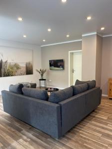 a living room with a large gray couch at Ferienwohnung Göttert – Haus Erika in Beckingen