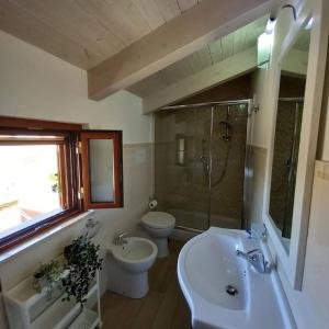 ein Badezimmer mit Waschbecken, Toilette und Dusche in der Unterkunft Casa vacanza Leucosia&Tresino in Santa Maria di Castellabate