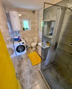 e bagno con doccia, servizi igienici e lavandino. di Apartman Berlin Sokobanja a Soko Banja