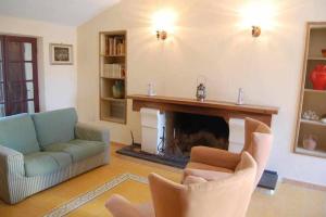 a living room with a couch and a fireplace at Taddore Green Lodge in Galtellì