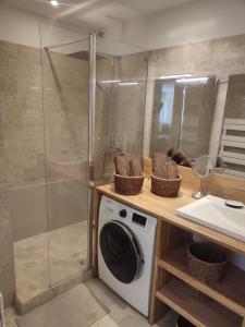 ニースにあるNICE ÉTOILEのバスルーム(シャワー付)の洗濯機が備わります。