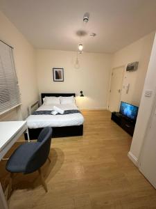 a bedroom with a bed and a desk and a television at Premium Studio Flat 05 Near Tower Bridge in London