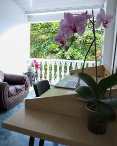 a wooden table with a laptop on top of it at Hotel Los Almendros in Santa María