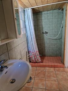 La salle de bains est pourvue d'une douche et d'un lavabo. dans l'établissement Exotic sleeping in the woods near Olbia, à Telti