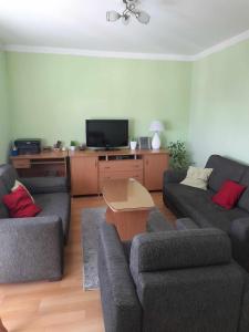 uma sala de estar com dois sofás e uma televisão em Apartman Kumanovo Centar strog em Kumanovo