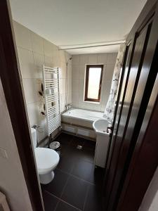 ein Badezimmer mit einer Badewanne, einem WC und einem Waschbecken in der Unterkunft Casa Larisa in Chişcău
