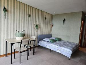 - une chambre avec un lit, une table et un bureau dans l'établissement LE PANORAMA studio privé avec vue magnifique TURCKHEIM TROIS ÉPIS, à Turckheim