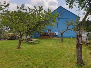 een blauw huis met een picknicktafel en twee bomen bij Maison De Vacances A Freconrupt in La Broque