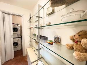 un ours en peluche assis sur une étagère en verre dans une pièce dans l'établissement Siena UpTown - Sabrina's Lovely Apartment, à Sienne