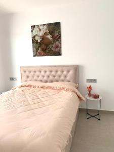 1 dormitorio con 1 cama con una foto en la pared en Casa flamenca, en San Pedro del Pinatar