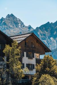 加舒恩Felbermayer Appartements的山前的一座有树木的建筑
