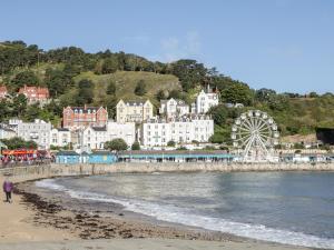 a person walking on the beach with a ferris wheel at Apartment 2 in Llandudno