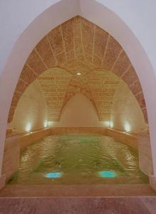 een groot zwembad met water in een kamer met een boog bij Zahra Superior Suite with private pool in Sannicola