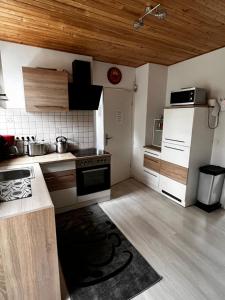 a small kitchen with a stove and a refrigerator at Ferienwohnung Sonntag, Elsteraue in Elsteraue