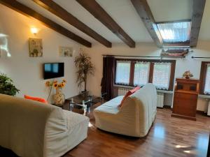 a living room with a white couch and a tv at Unique, bright loft chalet style with free private parking - Sandhouses in Milan