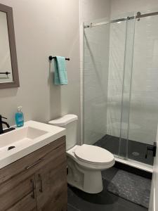 a bathroom with a toilet and a sink and a shower at Modern 2BR 2BA Apartment with rooftop in Brewerytown in Philadelphia