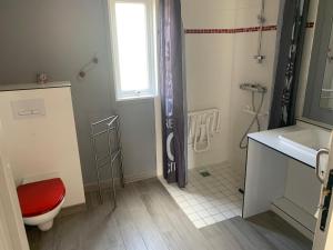 a bathroom with a toilet and a sink and a window at Le Chant Des Mûres in Plabennec