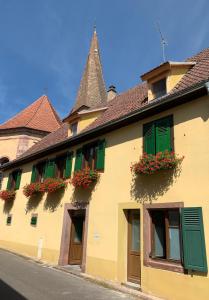 un edificio amarillo con flores y ventanas con contraventanas verdes en Gîte du clocher dans ancienne maison du vignoble en Niedermorschwihr