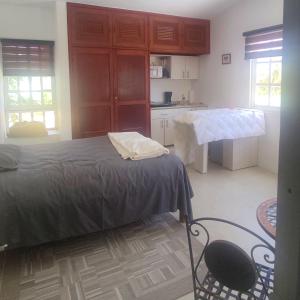 a small bedroom with a bed and a kitchen at Studio Norte, Casa Brisamar in Puerto Morelos