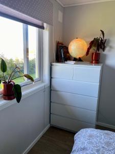 ein Schlafzimmer mit einer Kommode mit Pflanzen und einem Fenster in der Unterkunft Råket 3 in Viggja