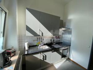 uma cozinha com um lavatório e uma bancada em GoyApartment für Handwerker & Business City-nah!! free Netflix! modern! em Bochum