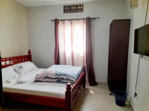 1 dormitorio con 1 cama, ventana y TV en Zoe Heights Guest House, en Kampala